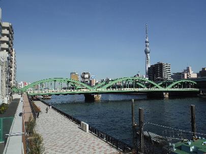 お店の裏側から スカイツリーと隅田川