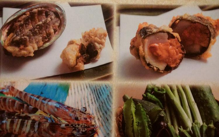 活けアワビ当店名物「生ウニ帆立挟み揚げ」