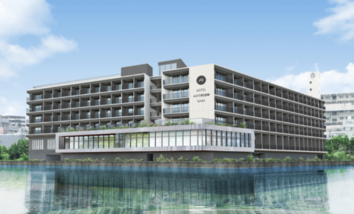 海側からのホテル風景。白枠がレストラン