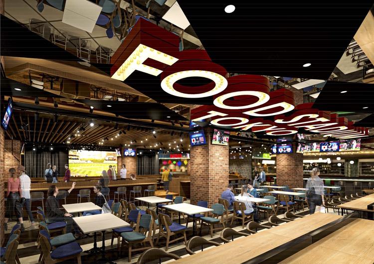 巨大液晶ビジョンもある、フードホール！