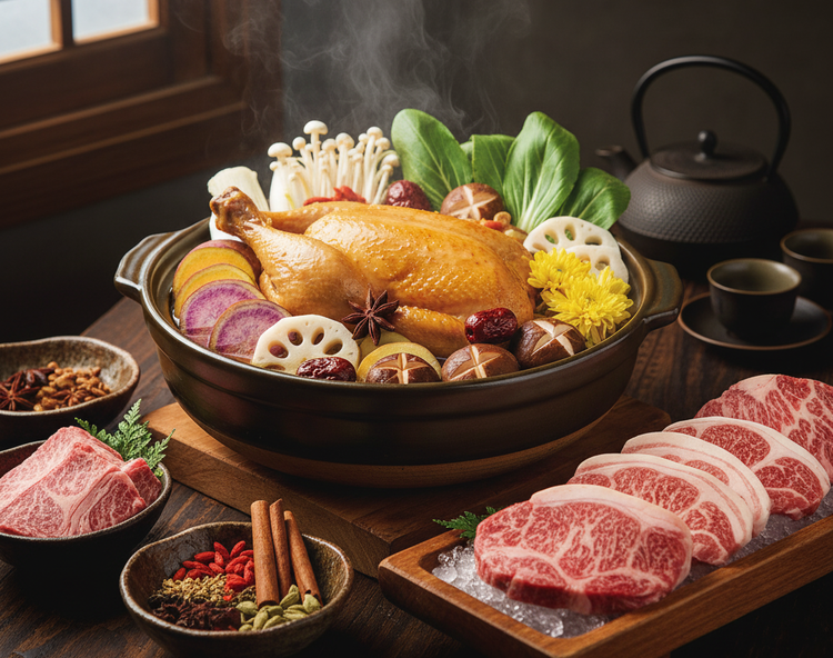 こだわりのお肉を薬膳、豆富、お野菜と共に