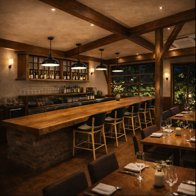 古民家の梁や柱で作られた店内