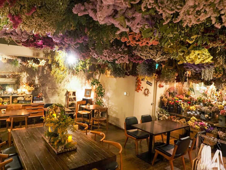 アンティーク家具やドライフラワーに囲まれ