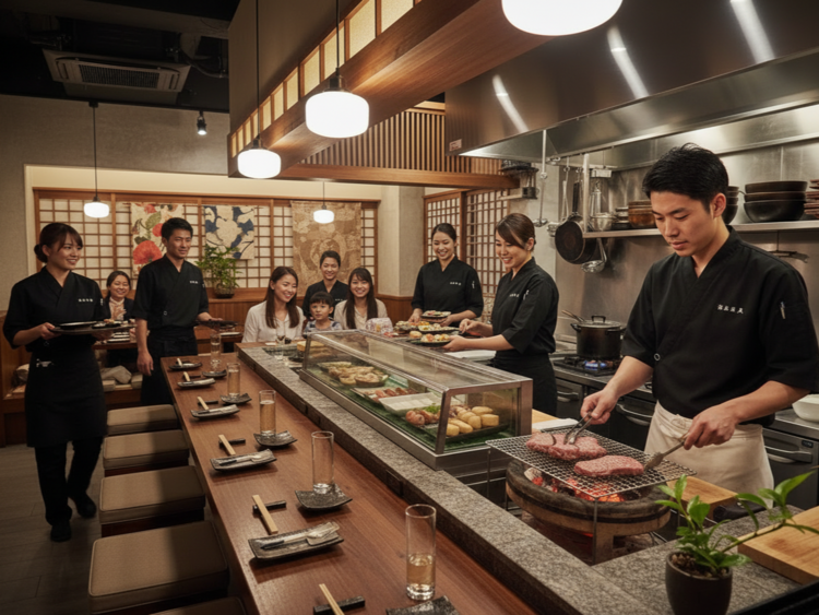 客席から見える位置に設置された炭火台